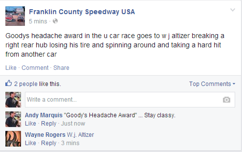 Goodys headache award in the u car race goes to... - Franklin County Speedway USA.png